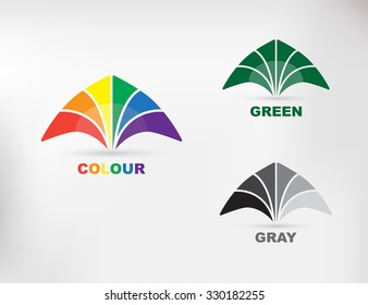 Vector illustration of abstract geometric rainbow flower. Green icon template design isolated on white. Gray pattern