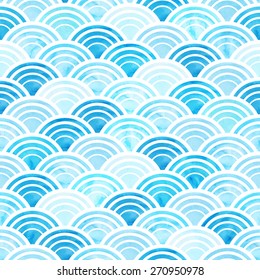 Vector illustration of abstract geometric seamless pattern with blue watercolor circles