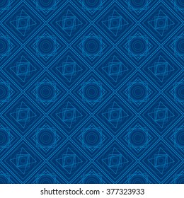 Vector illustration of the abstract geometric seamless pattern with triangles, circles and rhombus at the dark blue background. 