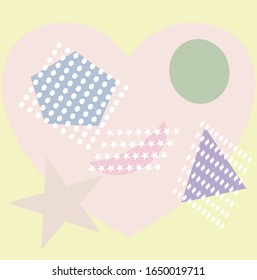 Ilustración vectorial abstracta de formas geométricas de colores pastel en el corazón rosa y fondo amarillo