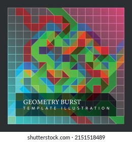 Vector illustration of abstract geometric shapes of squares and triangles. Modern avant-garde design template with text.