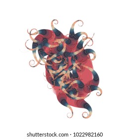 Vector illustration of an abstract geometric structure consisting of multicolored circles of different size and transparency. Strange object with swirls at the end resembling a complex organic system