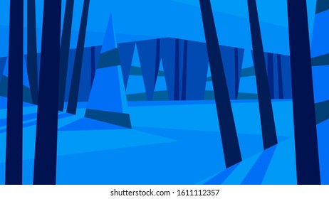 vector illustration abstract geometric winter landscape snow forest pine spruce trees ice river night