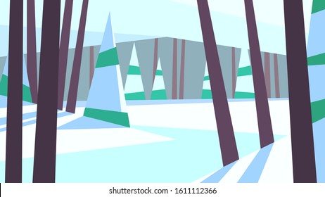 vector illustration abstract geometric winter landscape forest trees pine spruce ice river day snow