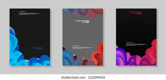 Vector illustration of abstract geometrical background. Fluid shapes. Bright cool design for cover, brochur, wallpaper. Multicolored gradient with blue, pink, black and red. Set from three image.
