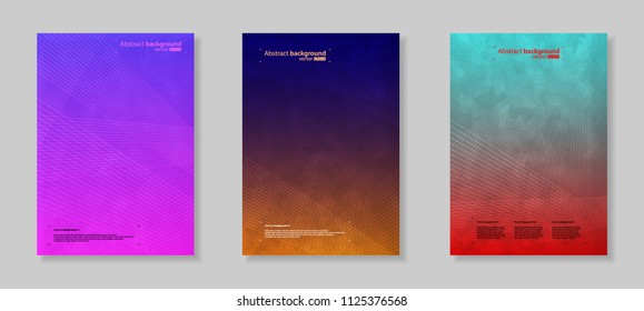Vector illustration of abstract geometrical background. Line perspective. Bright cool design for cover, brochur, advertise, wallpaper. Multicolored gradient. Set from three image.