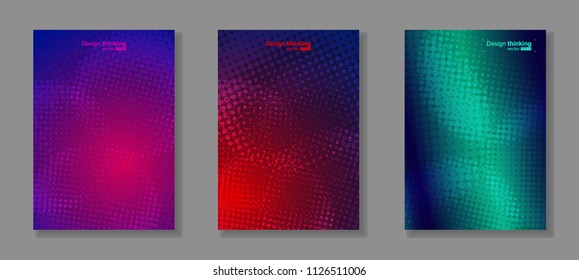 Vector illustration of abstract geometrical background. Dot shapes. Bright cool design for cover, brochur, advertise, presentation, wallpaper. Multicolored gradient. Set from three image.
