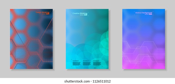 Vektorgrafik mit abstraktem geometrischem Hintergrund. Sechseckformen. Hell cooles Design für Cover, Broschüre, Werbung, Präsentation, Tapete. Mehrfarbiger Farbverlauf. Aus drei Bildern zusammengestellt.