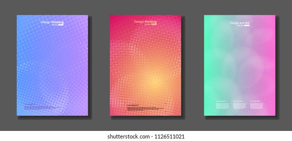 Vector illustration of abstract geometrical background. Dot shapes. Bright cool design for cover, brochur, advertise, presentation, wallpaper. Multicolored gradient. Set from three image.