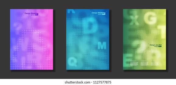 Vector illustration of abstract geometrical background. Dot letter shapes. Bright cool design for cover, brochur, advertise, presentation, wallpaper. Multicolored gradient. Set from three image.
