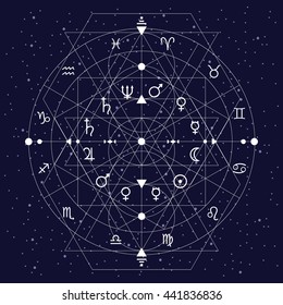 vector illustration / abstract geometrical background with zodiac circle and planets symbols 