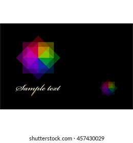 Vector illustration of Abstract, geometrical figure, consisting of multi-colored triangles and squares on a black background. Text.