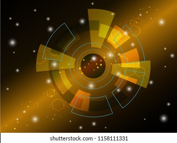 Vector illustration of abstract geometrical with light on yellow and dark brown background. The concept  vector technology with line elements, star, dots, square and hexagon in circle  for your design
