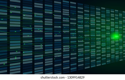 Vector illustration of abstract geometrical with light on dark green background. The concept vector technology with neon light line elements, dots and circuit boards slanting squares in center. 