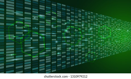 Vector illustration of abstract geometrical with light on dark green background. The concept vector technology with neon light line elements, dots, hexagon and circuit boards squares in center. 