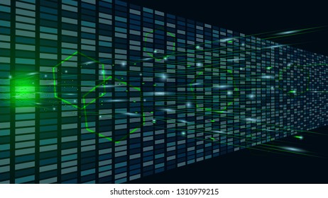 Vector illustration of abstract geometrical with light on dark green background. The concept vector technology with neon light line elements, dots, hexagon and circuit boards squares in center