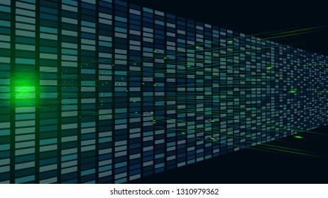 Vector illustration of abstract geometrical with light on dark green background. The concept vector technology with neon light line elements, dots and circuit boards slanting squares in center. 