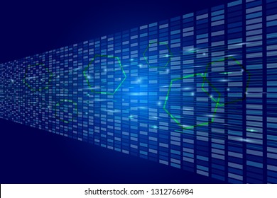 Vector illustration of abstract geometrical with light on dark green background. The concept vector technology with neon light line elements, dots, hexagon and circuit boards squares in corner. 