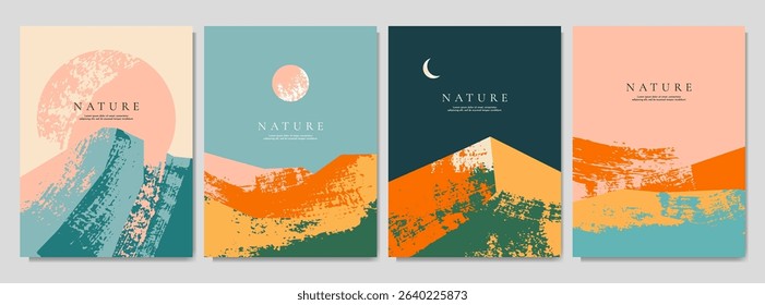 Vector illustration. Abstract geometry landscape background. Paint brush stroke drawing. Retro art style. Design elements for poster, cover, magazine, postcard, flyer, brochure. Summer season concept