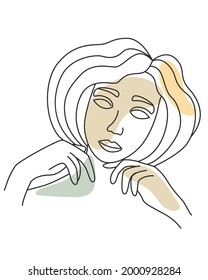 Vector illustration of abstract girl s face, front. The young girl bowed her head. Hands near the face. Simple lines, sketch. Minimalistic style.