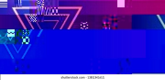 Vector illustration of an abstract glitch background. Cyberpunk concept. Colorful techno backdrop with aesthetics of vaporwave style of 80's. The image format is suitable for printing on a mug.