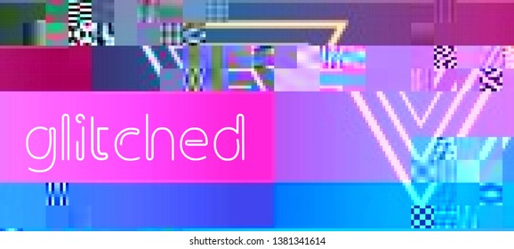 Vector illustration of an abstract glitch background. Cyberpunk concept. Colorful techno backdrop with aesthetics of vaporwave style of 80's. The image format is suitable for printing on a mug.