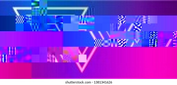 Vector illustration of an abstract glitch background. Cyberpunk concept. Colorful techno backdrop with aesthetics of vaporwave style of 80's. The image format is suitable for printing on a mug.