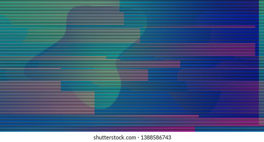 Vector illustration of an abstract glitch background. Cyberpunk concept. Colorful techno backdrop with aesthetics of vaporwave style of 80's.
