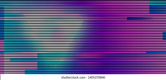 Vector illustration of an abstract glitch background. Cyberpunk concept. Colorful techno backdrop with aesthetics of vaporwave style of 80's.