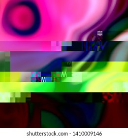 Vector illustration of an abstract glitch background. Cyberpunk concept. Colorful techno backdrop with aesthetics of vaporwave style of 80's.