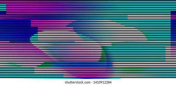 Vector illustration of an abstract glitch background. Cyberpunk concept. Colorful techno backdrop with aesthetics of vaporwave style of 80's.