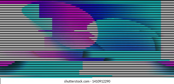 Vector illustration of an abstract glitch background. Cyberpunk concept. Colorful techno backdrop with aesthetics of vaporwave style of 80's.