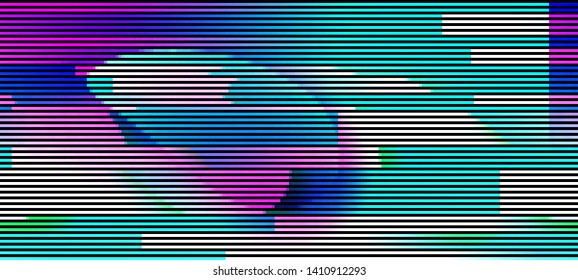 Vector illustration of an abstract glitch background. Cyberpunk concept. Colorful techno backdrop with aesthetics of vaporwave style of 80's.