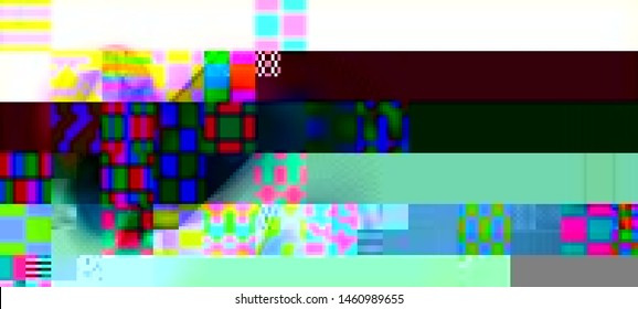Vector illustration of an abstract glitch background. Cyberpunk concept. Colorful techno backdrop with aesthetics of vaporwave style of 80's. The image format is suitable for printing on a mug.