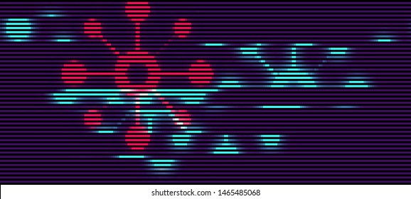 Vector illustration of an abstract glitch background. Cyberpunk concept. Colorful techno backdrop with aesthetics of vaporwave style of 80's.