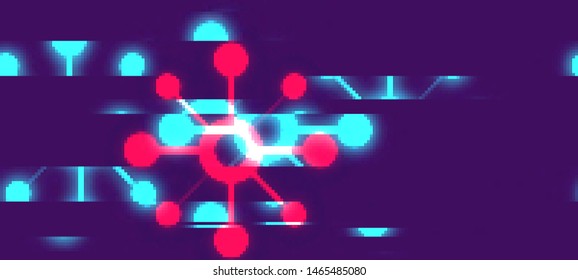 Vector illustration of an abstract glitch background. Cyberpunk concept. Colorful techno backdrop with aesthetics of vaporwave style of 80's.