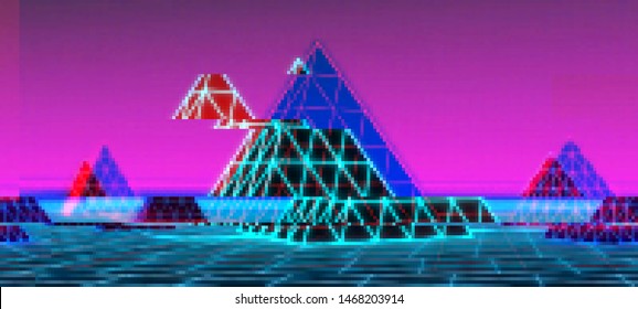 Vector illustration of an abstract glitch background. Cyberpunk concept. Colorful techno backdrop with aesthetics of vaporwave style of 80's.