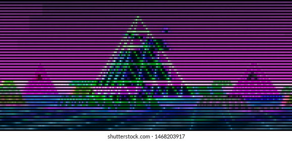 Vector illustration of an abstract glitch background. Cyberpunk concept. Colorful techno backdrop with aesthetics of vaporwave style of 80's.
