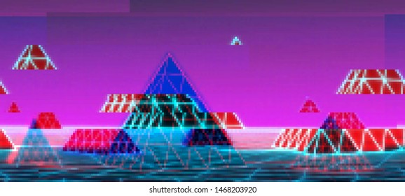 Vector illustration of an abstract glitch background. Cyberpunk concept. Colorful techno backdrop with aesthetics of vaporwave style of 80's.