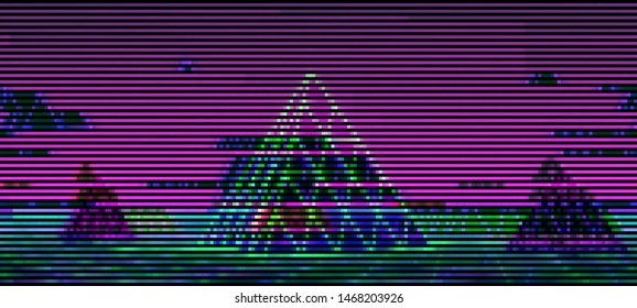 Vector illustration of an abstract glitch background. Cyberpunk concept. Colorful techno backdrop with aesthetics of vaporwave style of 80's.