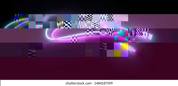 Vector illustration of an abstract glitch background. Cyberpunk concept. Colorful techno backdrop with aesthetics of vaporwave style of 80's.