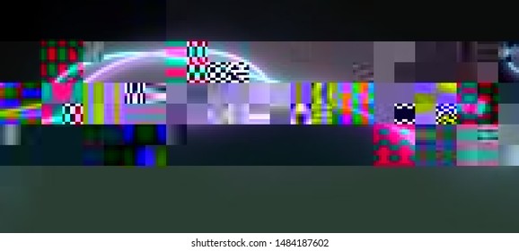 Vector illustration of an abstract glitch background. Cyberpunk concept. Colorful techno backdrop with aesthetics of vaporwave style of 80's.