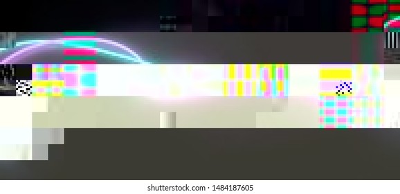 Vector illustration of an abstract glitch background. Cyberpunk concept. Colorful techno backdrop with aesthetics of vaporwave style of 80's.