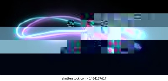 Vector illustration of an abstract glitch background. Cyberpunk concept. Colorful techno backdrop with aesthetics of vaporwave style of 80's.