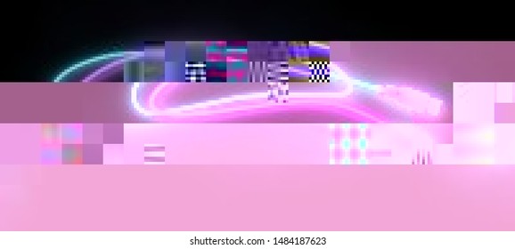 Vector illustration of an abstract glitch background. Cyberpunk concept. Colorful techno backdrop with aesthetics of vaporwave style of 80's.