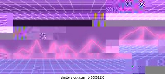 Vector illustration of an abstract glitch background. Cyberpunk concept. Colorful techno backdrop with aesthetics of vaporwave style of 80's.