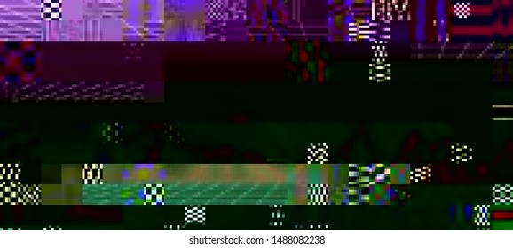 Vector illustration of an abstract glitch background. Cyberpunk concept. Colorful techno backdrop with aesthetics of vaporwave style of 80's.