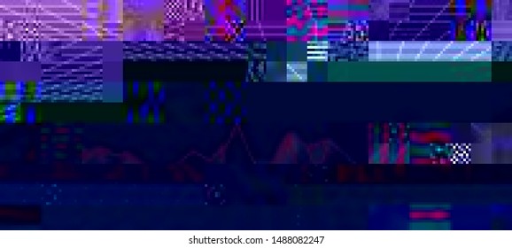 Vector illustration of an abstract glitch background. Cyberpunk concept. Colorful techno backdrop with aesthetics of vaporwave style of 80's.
