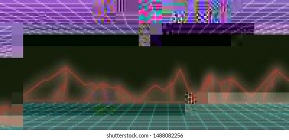 Vector illustration of an abstract glitch background. Cyberpunk concept. Colorful techno backdrop with aesthetics of vaporwave style of 80's.