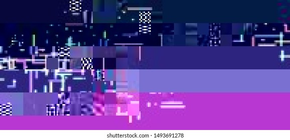 Vector illustration of an abstract glitch background. Cyberpunk concept. Colorful techno backdrop with aesthetics of vaporwave style of 80's.